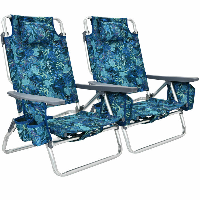 2-Pack Folding Backpack Beach Chair 5-Position Outdoor Reclining Chairs with Pillow-Navy