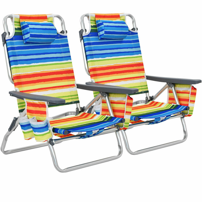 2-Pack Folding Backpack Beach Chair 5-Position Outdoor Reclining Chairs with Pillow-Yellow