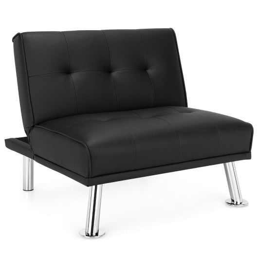 Folding PU Leather Single Sofa with Metal Legs and Adjustable Backrest-Black