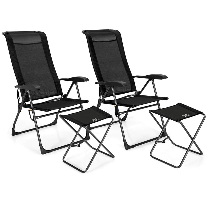 4 Pieces Patio Adjustable Back Folding Dining Chair Ottoman Set-Black