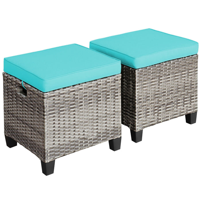 2PCS Patio Rattan Wicker Ottoman Seat with Removable Cushions-Turquoise