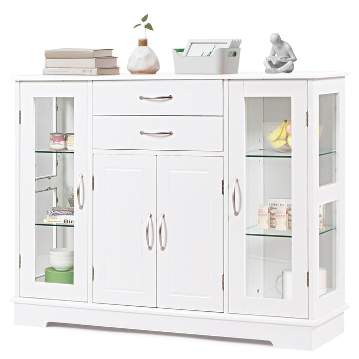 Sideboard Buffet Server Storage Cabinet with 2 Drawers and Glass Doors-White