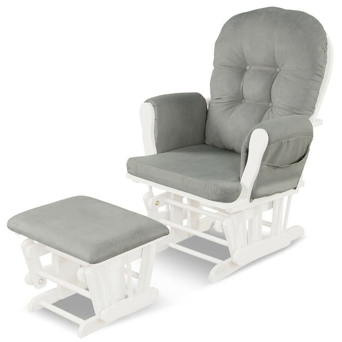 Wood Glider and Ottoman Set with Padded Armrests and Detachable Cushion-Light Gray