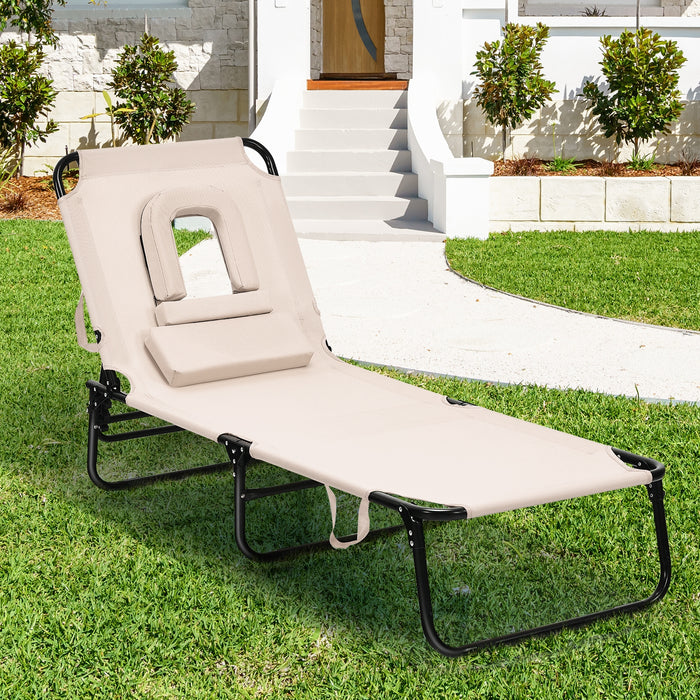 Outdoor Folding Chaise Beach Pool Patio Lounge Chair Bed with Adjustable Back and Hole-Beige