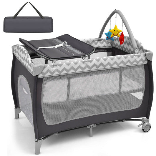 3-in-1 Portable Baby Playard with Zippered Door and Toy Bar-Gray