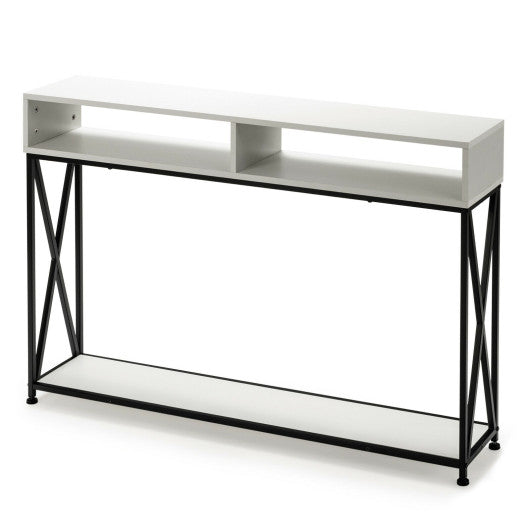 Console Table with Open Shelf and Storage Compartments Steel Frame-White