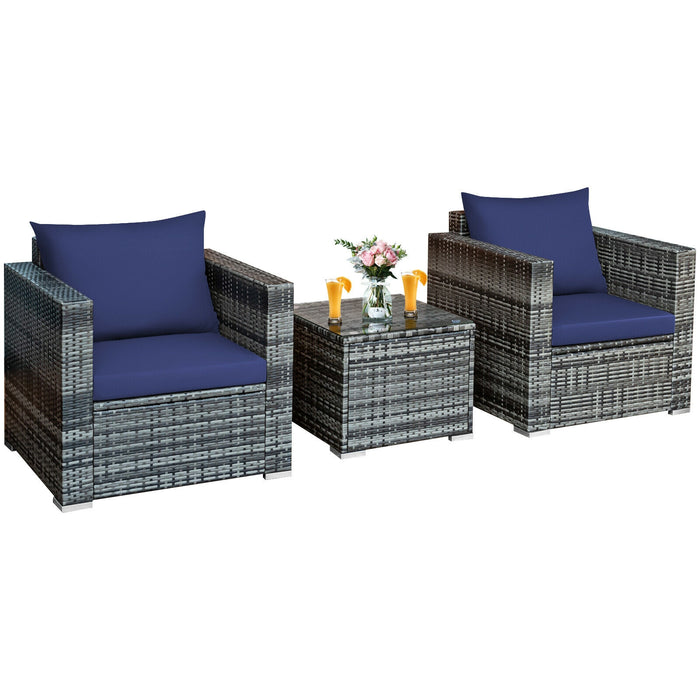 3 Pcs Patio Rattan Furniture Bistro Sofa Set with Cushioned-Navy