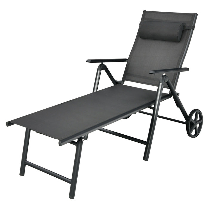 Patio Lounge Chair with Wheels Neck Pillow Aluminum Frame Adjustable-Gray