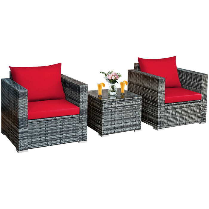 3 Pcs Patio Rattan Furniture Bistro Sofa Set with Cushioned-Red