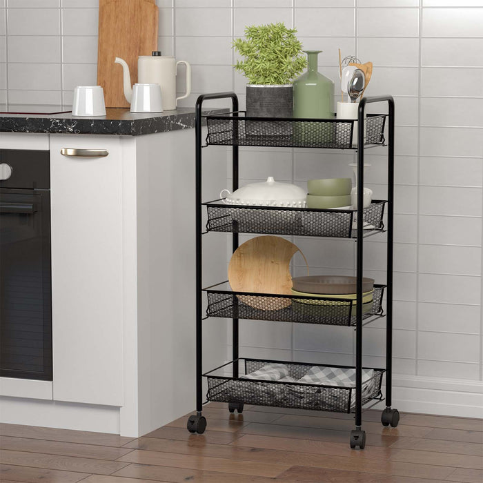 Black/Gray 4 Tier Storage Rack Trolley Cart-Black