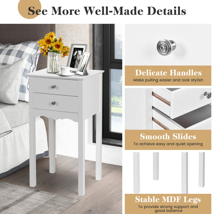 Side Table End Accent Table with 2 Drawers-White