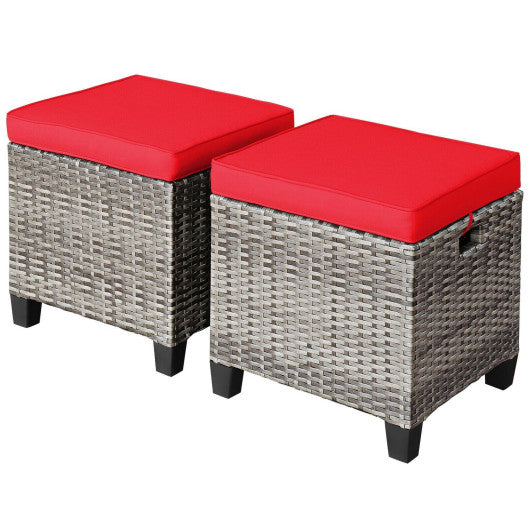 2PCS Patio Rattan Wicker Ottoman Seat with Removable Cushions-Red