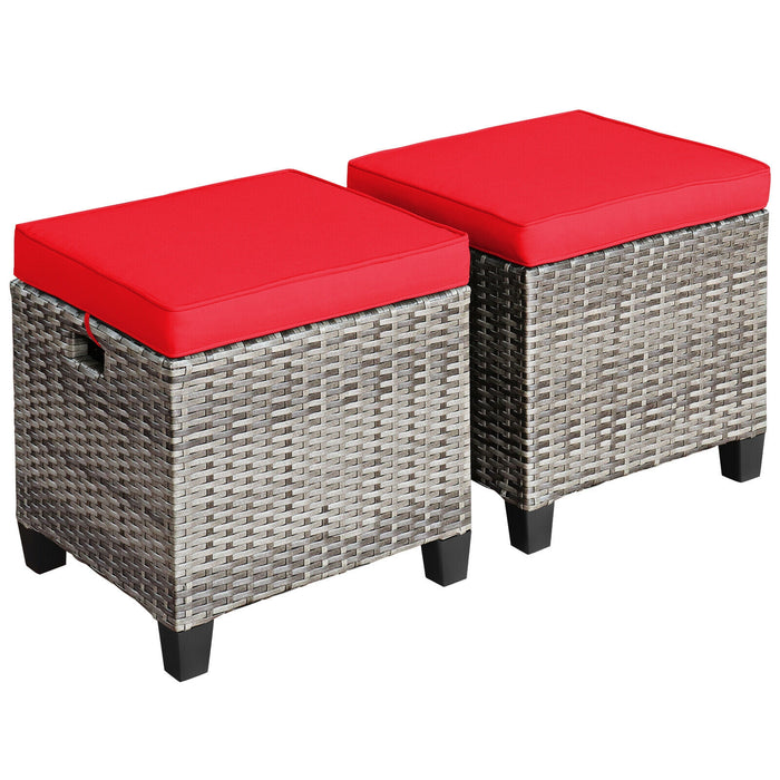 2PCS Patio Rattan Wicker Ottoman Seat with Removable Cushions-Red