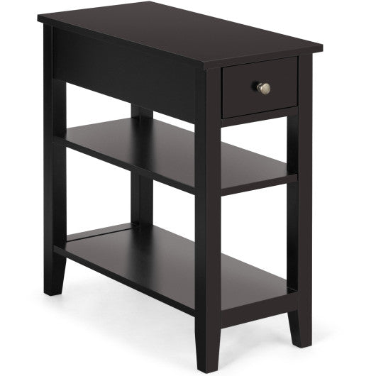 3-Tier End Table with Drawer slideway and Double Shelves-Brown