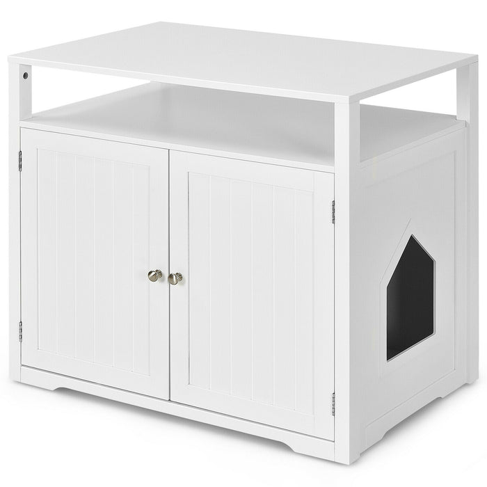 Wooden Cat Litter Box Enclosure Hidden Cat Washroom with Storage Layer-White