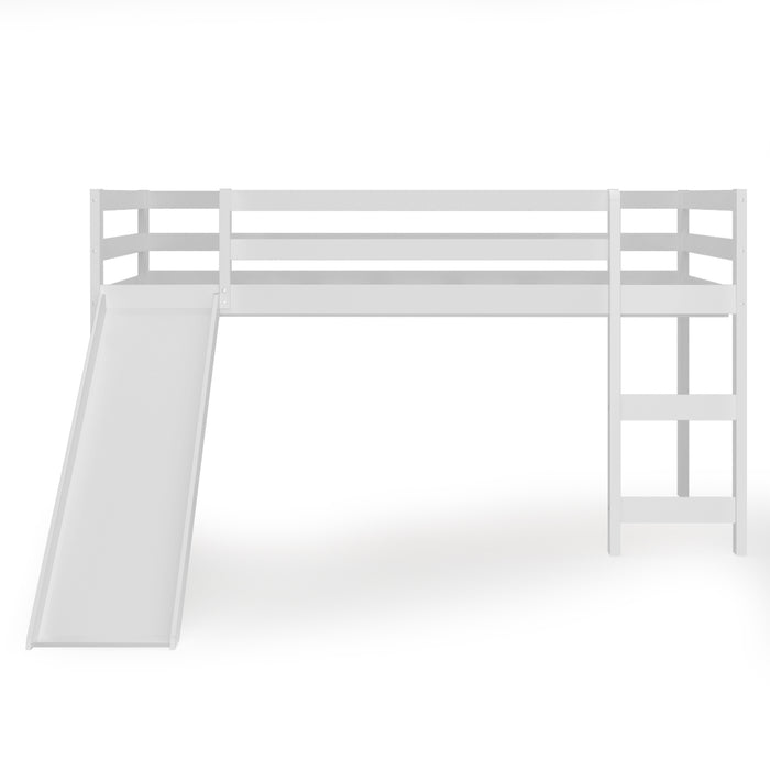 Twin Size Low Sturdy Loft Bed with Slide Wood-White