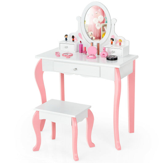 Kids Vanity Princess Makeup Dressing Table Stool Set with Mirror and Drawer-White