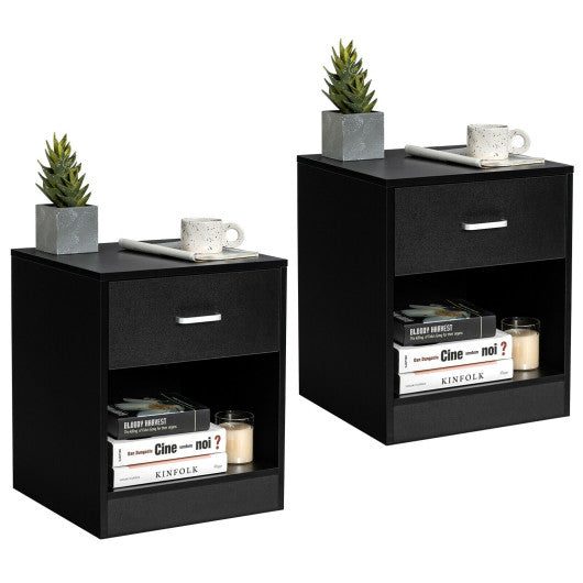 2 Pieces Nightstand with Storage Drawer and Cabinet-Black