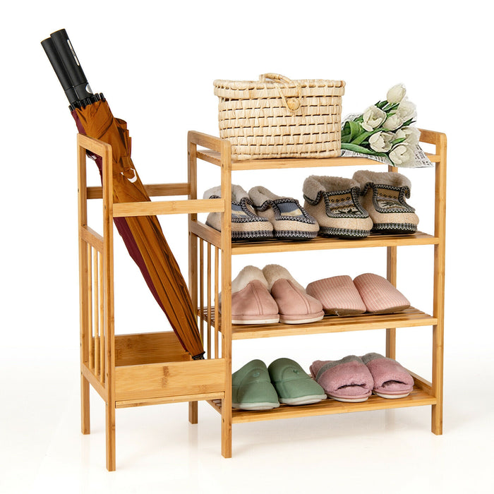 4-Tier Bamboo Shoe Rack Organiser with Umbrella Holder-Natural