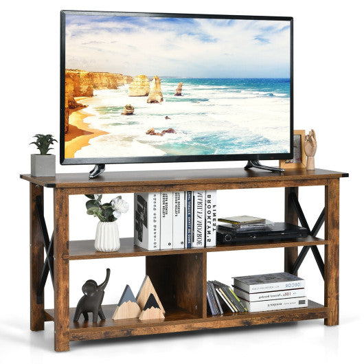 3 Tier Wood TV Stand for 55-Inch with Open Shelves and X-Shaped Frame-Brown