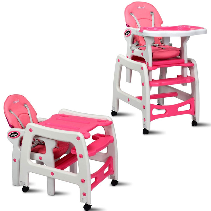 3-in-1 Baby High Chair with Lockable Universal Wheels-Pink