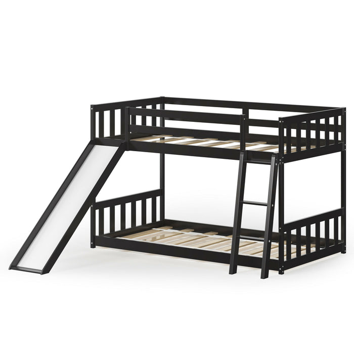 Twin over Twin Bunk Wooden Low Bed with Slide Ladder for Kids-Dark Brown