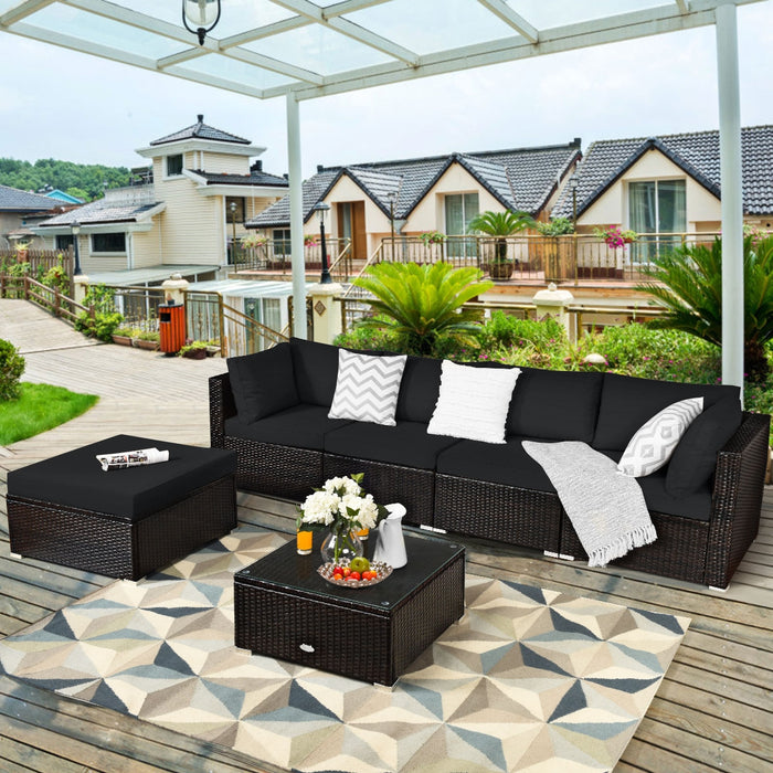 6 Pieces Outdoor Patio Rattan Sectional Sofa Set with Coffee Table-Black