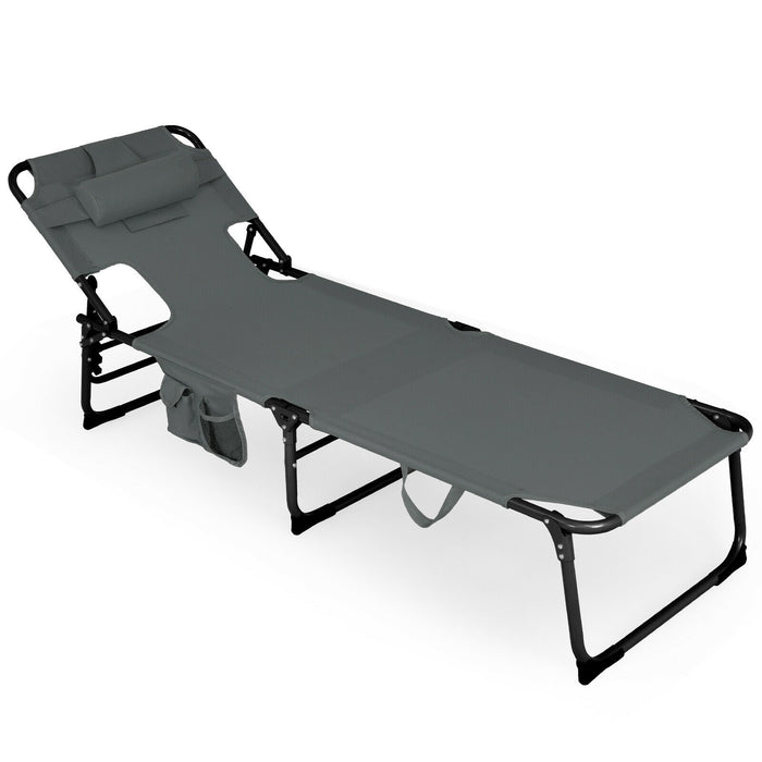 Folding Beach Lounge Chair with Pillow for Outdoor-Gray