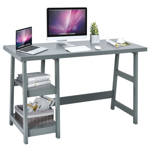 Wooden Trestle Computer Desk with 2-Tier Removable Shelves-Gray