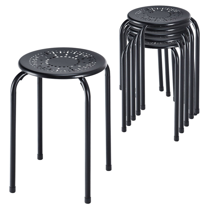 Set of 6 Stackable Multifunctional Daisy Design Backless Round Metal Stool Set-Black