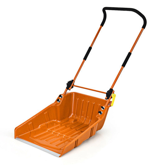 Folding Snow Pusher Scoop Shovel with Wheels and Handle-Orange