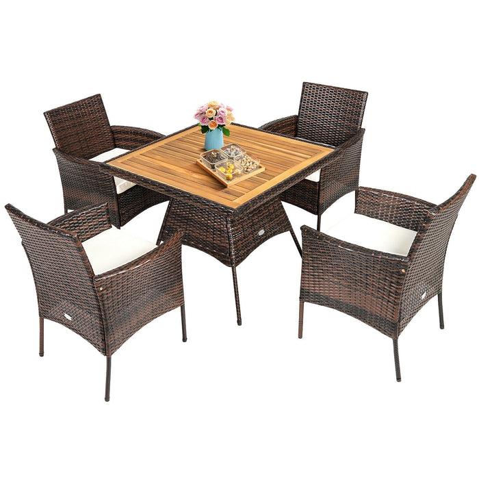 5 Pieces Patio Rattan Dining Furniture Set with Arm Chair and Wooden Table Top