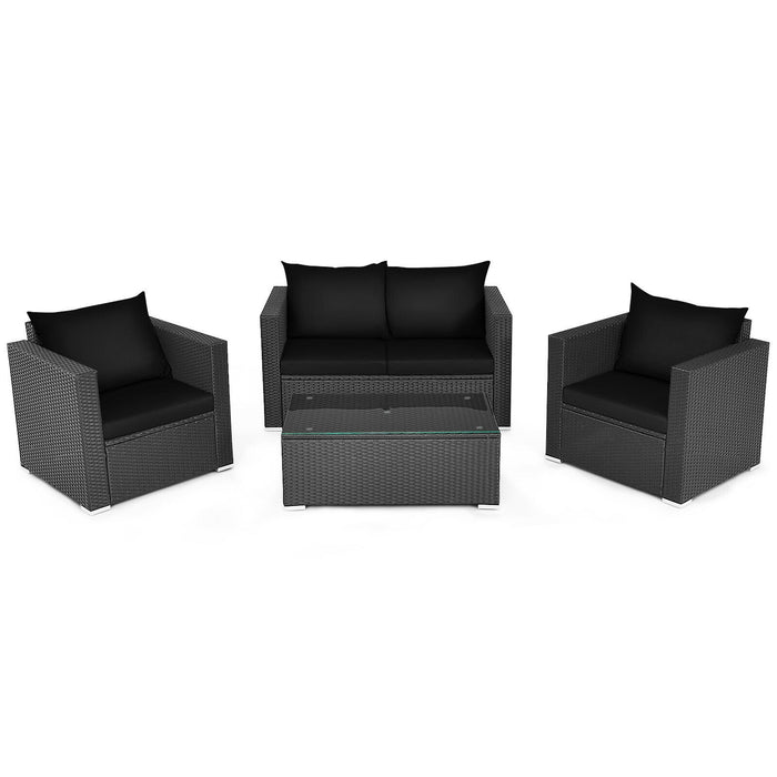 4 Pieces Patio Rattan Conversation Set with Cushions and Coffee Table-Black