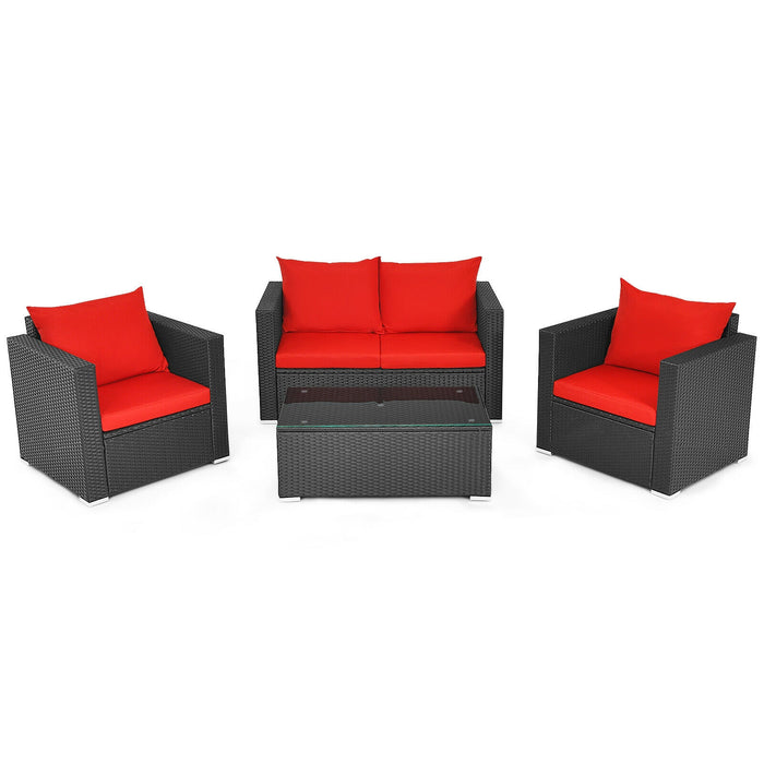 4 Pieces Patio Rattan Conversation Set with Cushions and Coffee Table-Red