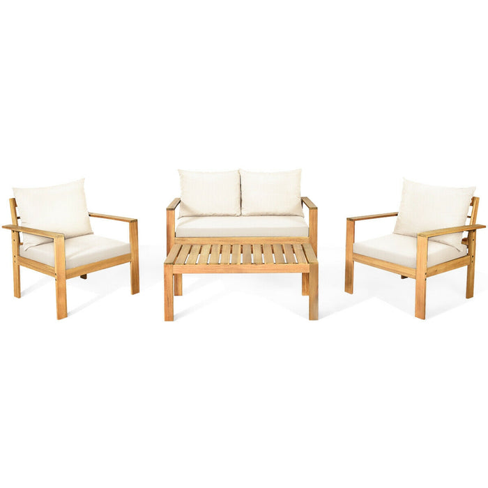 4 Pieces Patio Acacia Wood Thick Cushion Loveseat Sofa Set-White