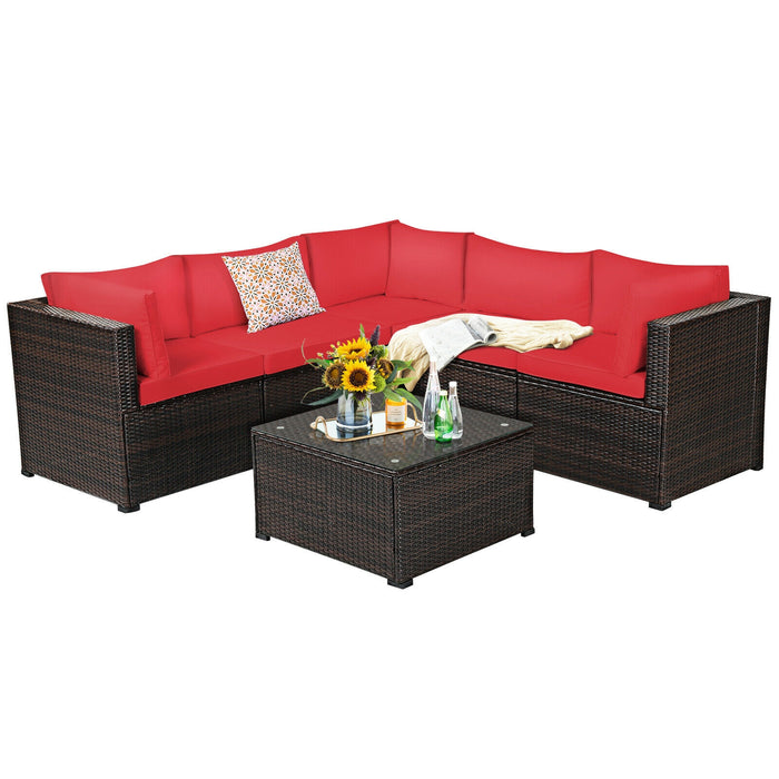 6 Pieces Patio Rattan Furniture Set Sectional Cushioned Sofa Deck-Red