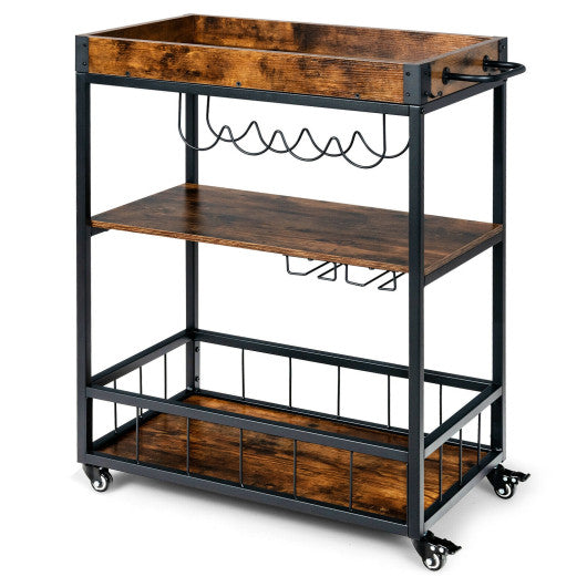 3-Tier Rolling Kitchen Bar Cart with Wine Rack-Rustic Brown