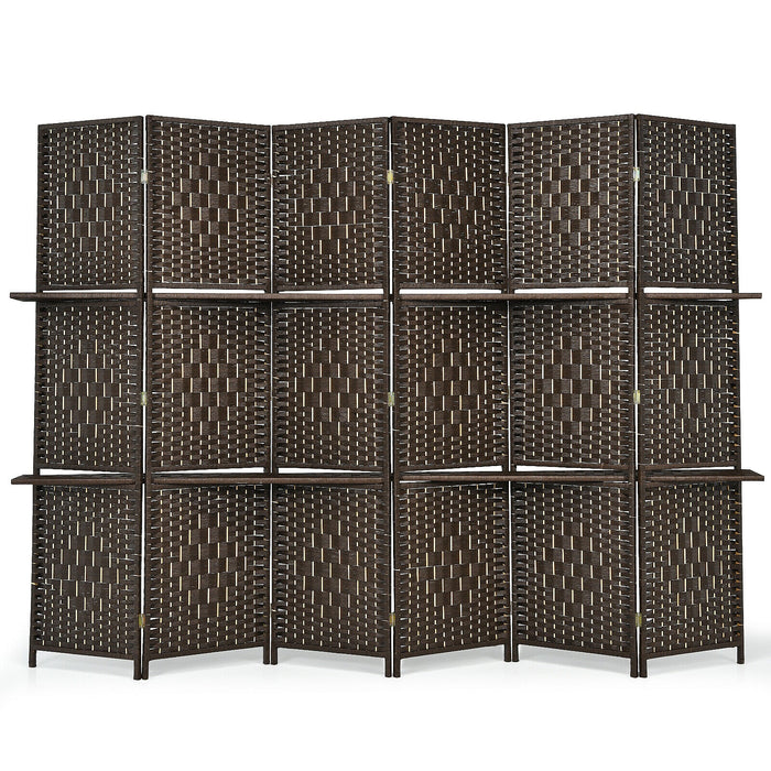 6 Panel Folding Weave Fiber Room Divider with 2 Display Shelves -Brown