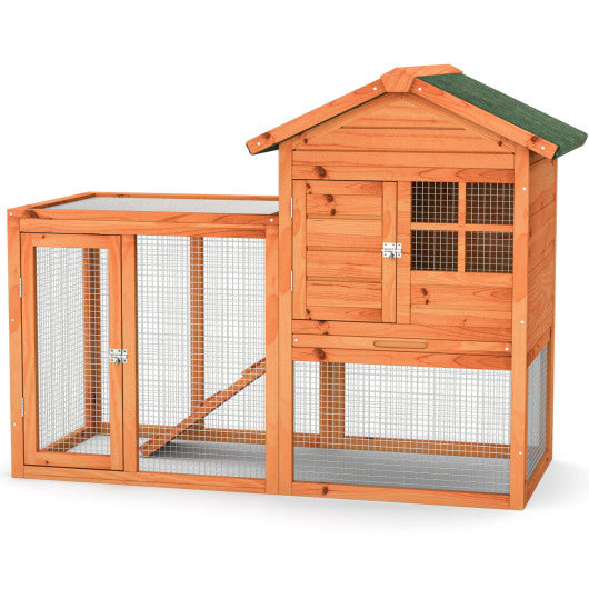 2-Story Wooden Rabbit Hutch with Running Area-Natural