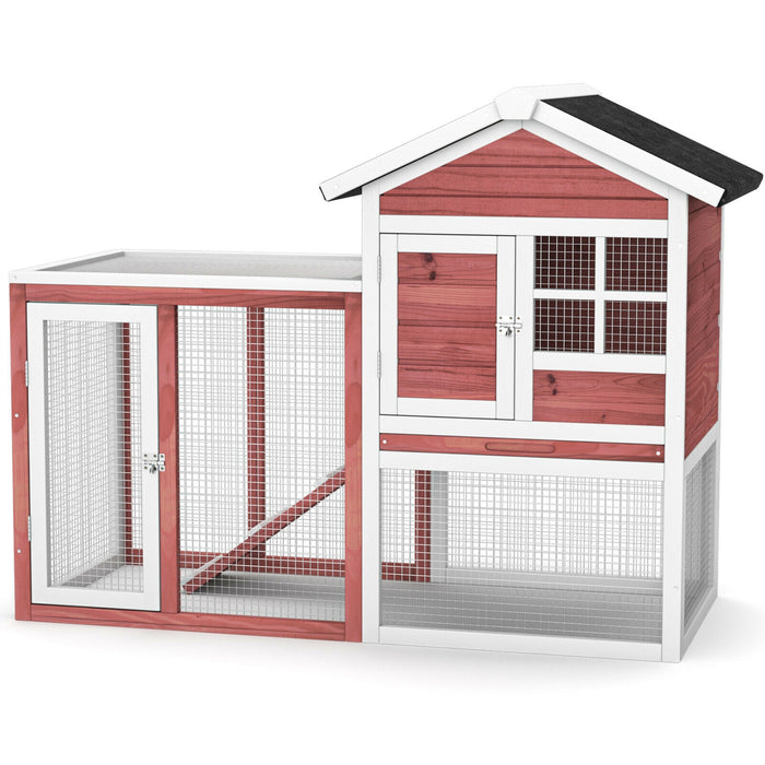 2-Story Wooden Rabbit Hutch with Running Area-White