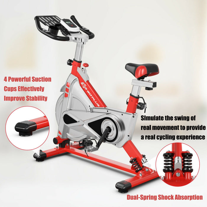 Stationary Silent Belt Adjustable Exercise Bike with Phone Holder and Electronic Display-Red