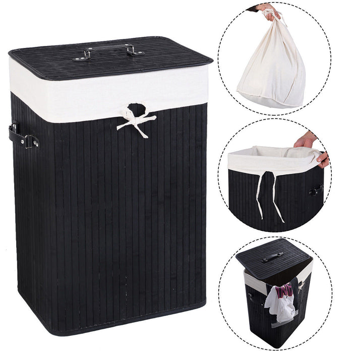 Rectangle Bamboo Hamper Laundry Basket Washing Cloth Bin Storage Bag Lid 3 color-Black