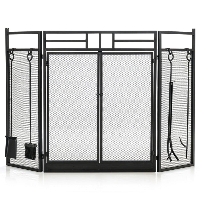 3-Panel Folding Wrought Iron Fireplace Screen with Doors and 4 Pieces Tools Set-Black