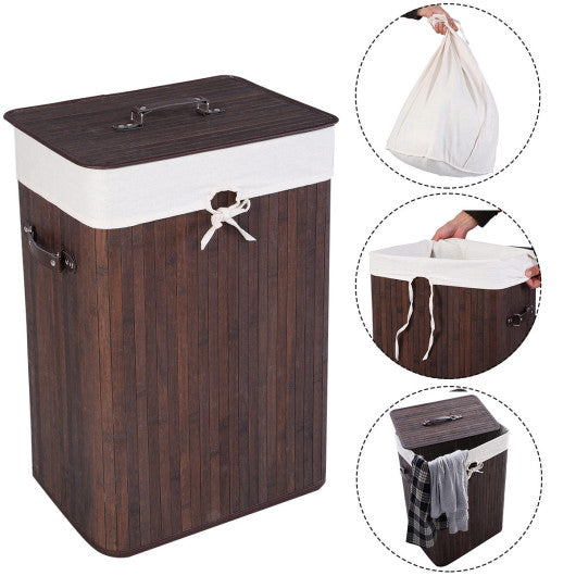 Rectangle Bamboo Hamper Laundry Basket Washing Cloth Bin Storage Bag Lid 3 color-Brown