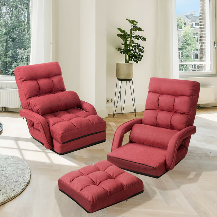 Folding Lazy Floor Chair Sofa with Armrests and Pillow-Red