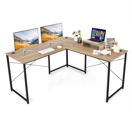 95 Inch 2-Person L-Shaped Long Reversible Computer Desk with Monitor Stand-Natural