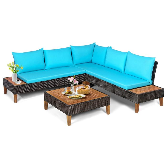 4 Pieces Patio Cushioned Rattan Furniture Set with Wooden Side Table-Turquoise