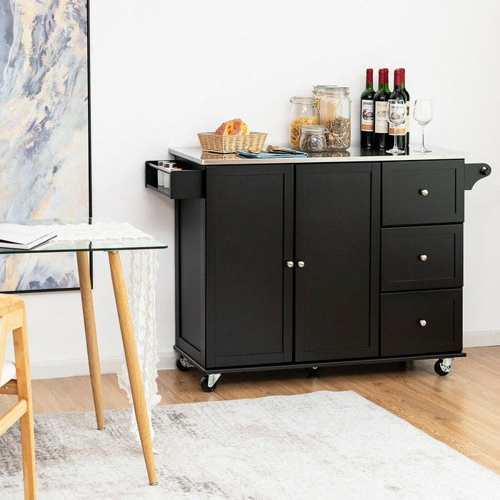 Rolling Kitchen Island with Stainless Steel Countertop and 3 Drawers-Black