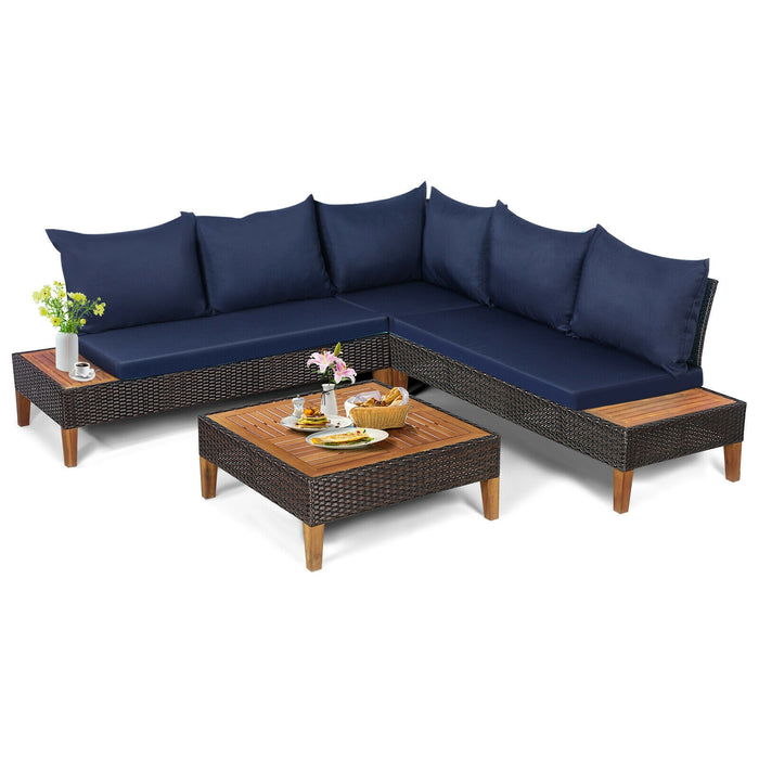 4 Pieces Patio Cushioned Rattan Furniture Set with Wooden Side Table-Navy