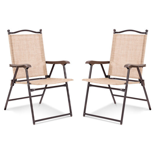 Set of 2 Patio Folding Sling Back Camping Deck Chairs-Beige